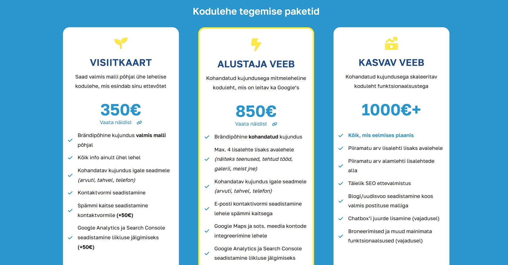 Kodulehe tegemise hind võib olla väga erinev. Mõni lihtne ühe-leheline koduleht võib maksta mõnisada eurot, samas kui suurem eritellimusel veeb või e-pood võib 